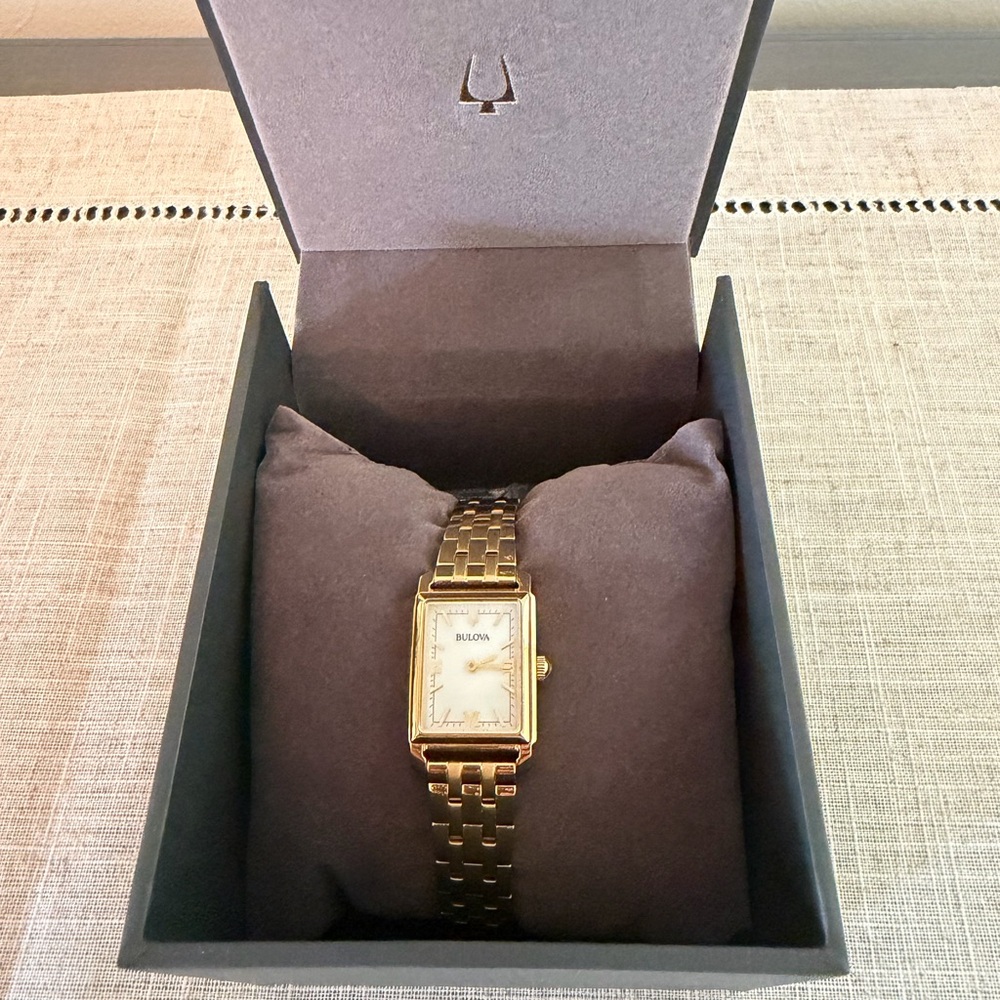 Bulova Gold and White Rectangular Dress Watch